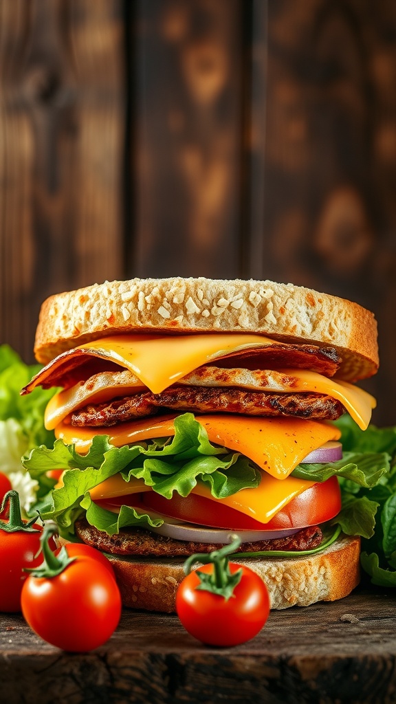 A colorful sandwich with layers of vegetables, cheese, and protein, beautifully captured in soft lighting on a rustic background.